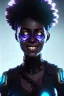 Placeholder: portrait,beautiful black woman smiling, glowing eyes, afro hair, post-apocalyptic in a cyberpunk city, realistic, intriacte detail, sci-fi fantasy style, volumetric lighting, particales,highly detailed,cinamatic, deep colours,8k