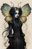 Placeholder: Jean-Baptiste Monge style 19th century hand drawn full body portrait dark gothic fantasy illustration of a walking hybrid Comet moth goth girl, with highly detailed facial features with large sad eyes, drawings, 8k, vibrant natural colors, otherworldly and fantastic