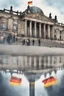 Placeholder: Typical Germany, Reichstag architecture, one small German flag hanging on the facade of the building. People on the street are reflected in a puddle on the asphalt. Watercolor style. 8k quality