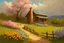 Placeholder: Clouds, cabin, spring trees, little pathway, fence, flowers, john singer sangent impressionisn painting