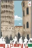 Placeholder: Imparare l'italiano. Gli studenti imparano la lingua, mentre dietro sullo sfondo l'alfabeto italiano. Torre Pendente di Pisa e bandiera italiana.