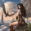 Placeholder: exotic sci-fi steampunk pin-up girl, with long dark hair and wings, on an alien planet with cloud trees, tall spires, buildings, bridges, arches