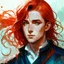 Placeholder: dnd, fantasy, watercolour, stylistic, portrait, illustration, dull colours, male, face, narrow face, green eyes, determined, happy, red hair, very long hair streaming down the shoulders, radiating light, five o'clock shadow