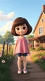 Placeholder: cartonic child girl with realistic face and bob hair and in pretty top and short tight and nice shoes,standing in country side next to country house with flowers,trees.
