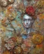 Placeholder:  an abstract painting of rusted metal and flowers, african portrait, rust, scaffolding, iron cladding, decay, mixed media, textured, anatomically correct, beautiful perfect face, sharp focus, highly detailed, injured face