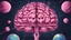 Placeholder: Comic style, bare transparent pink human brain flying trough the universe, background galaxy's