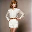 Placeholder: [high res photo by russ meyer] A full body portrait of Isabelle Huppert as Mama Weed as a beautiful dishwater blonde with short hair sticking out her ample butt wearing tight white shorts and a long sleeve blouse in the stage play The Body Beautiful in color in 1958