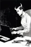 Placeholder: solana king liquidation flush devil in a dark room looking at computer oracle of delphi seeing the future in the style of surrealism black and white