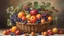 Placeholder: In the center of the composition, a variety of fruits such as ripe apples, juicy oranges and succulent grapes are artfully displayed in a woven basket, whose vibrant colors add a touch of freshness to the scene. The fruits exude a sense of natural beauty and abundance