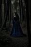 Placeholder: A princess in a dark indigo dress and very long black hair walks through a dark forest full of trees with her knight