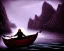 Placeholder: Charon the ferryman in his boat on the river Styx, red black purple colours, 8k, high definition, fantasy art, winding river, sharp jagged rocks, high contrast colours, sharp detail,