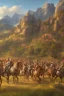 Placeholder: detailed oil painting, renaissance style, of mounted knights galloping across an open field, swords in hand, mountains in distance