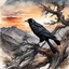 Placeholder: museum quality ink wash and watercolor painting of an aged, wandering Raven perched in the branches of an ancient, gnarled and twisted, Bristlecone Pine, on a remote plateau in the Rocky Mountains at sunset, in the style of Karl Bodmer, and Winslow Homer, rendered as an aquatint, with a fine art aesthetic, highly detailed , 8k UHD cinegraphic realism, dramatic natural lighting