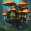 Placeholder: A weird mushroom house with drippy spots on a floating space island. black green blue orange. Detailed gloss Painting, rich color, fantastical, intricate detail, splash screen, hyperdetailed, insane depth, concept art, 8k resolution, trending on artstation