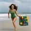 Placeholder: [photo by Kevin Eastman and Peter Laird] surprised April O'Neil, 24-years-old wearing a olive green one-piece swimsuit , running away from giant rubik's cubes, the overcast sky and beach in the background, vibrant 1990's movie