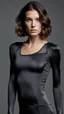 Placeholder: photography of a beautiful anorexic woman, anthracite satin triathlon top, sports illustrated, brunette short wavy bob haircut, pronounced sternum, flat chest, anthracite short leggins