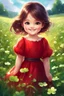 Placeholder: Adorable digital painting of a cute little girl in a gorgeous red dress smiling in a field surrounded by clover, cute chibi face, glowing eyes, long dark hair, high quality