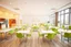 Placeholder: A 3D hyperrealistic 3D image in 4K resolution of a modern party and birthday room (about 100 sq m) with arranged tables, green chairs, lots of light and a kitchenette.