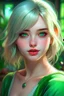 Placeholder: cloesed lips, cute smile, (best quality, masterpiece, colorful, dynamic angle, highest detailed)upper body photo, full body photo, fashion photography of cute unity 8k wallpaper, ultra detailed, beautiful and aesthetic, (photorealistic:1.4), (1girl), green eyes, blonde, hair ornament, short hair, blush, dynamic pose, dynamic angle, lipstick, slim, slim body, very wild shot, outdoor, detailed background, realistic, solo, perfect detailed face, naughty face, detailed eyes, highly detailed, ((fanta