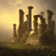 Placeholder: ancient ruins fog bright colors spotlights UFO night