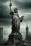 Placeholder: the statue of liberty, dress dirty and torn, her face solemn and terse, her head hanging in defeat, trash littered at her feet, the skyline dark and grungy