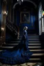 Placeholder: The Countess is a ghost, she has a long, flowing dark blue dress. she goes down the stairs. Hanging in the castle room, there is a tapestry composed of the preserved faces of the Countess' ancient victims.