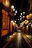 Placeholder: a street at night lit by floating lamps