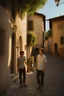 Placeholder: A realistic photo of a small Toscany town in late spring, a pair of inamorato young people on the street, early evening, last shines of sun. Photo taken by Mamiya camera with low-speed film, highly detailed, 8x8 film format