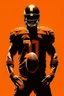 Placeholder: Silhouette of a football linebacker with a skull on front of jersey, orange background, photorealistic