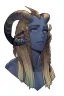Placeholder: A tieffelin with blue skin and white Dreadlock hair. His pupil-less eyes are green. He wears a small beard. His horns are black and curved backwards. He wears a beige tunic.