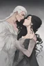 Placeholder: Strahd Von Zarovich, long black hair, being kissed on the mouth by a beautiful woman with white hair, wearing an off the shoulder dress. Settling and background are a lavish toomb with an ebony coffin.