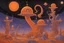 Placeholder: They are all alive even the moon bulges in its orange irons to push children like a god from its eye, The old unseen serpent swallows up the stars, astral strangeness, surrealist art, by Android Jones, by Moebius, by Alexander Jansson, volumetric lighting, maximalist, warm colors, orange-black-violet color scheme.