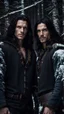 Placeholder: two Handsome and muscular 30 year old mountain men , long hair dark hair, facial hair, dark fantasy, snowy forest