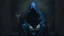 Placeholder: Surreal and dark painting featuring a hooded figure draped in a deep blue cloak, sitting in a dimly lit, enclosed space.