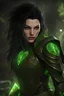 Placeholder: 3.4 body shot, green skin,beautiful face, female gorgeous green skinnrf orc, 2 fang visible on mouth, thin, lightning crackle crested around her armor as symbols,dark hair, detailed glowing ornamental magical pattern armor, glowing gem crackling with lightning implanted on leather armor, 8k, high detail, market background, midnight, facing viewer, front facing