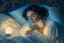 Placeholder: A beautiful woman with short brown hair in pastel blue lace robe is lying on a bed in a cute luxurious bedroom gold tapestry in the candlelight