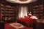 Placeholder: Vampirella in a bedroom with wooden furniture, bookcases and opulence