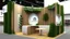 Placeholder: Corner exhibition stand in light colors with wood elements and greenery with two meeting areas