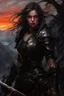 Placeholder: A formidable warrior girl in black armor, on the background Amazing gloomy landscape, flooded with sunset, mountains, trees, fabulous scary hero, , juicy emotions, painting, dark fantasy, bad weather, gloomy day, dark world, by Raymond Swanland & Alyssa Monks & Anna Razumovskaya