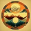 Placeholder: Ukiyo-e styled art, yin and yang sign, mountains and sun