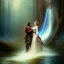 Placeholder: romantic fantasy spray painting, william Turner, watercolor, close up on dark robed poet playing lute for an elf in magical winding forest, two elves in waterfall, movie poster