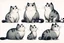 Placeholder: collection of six whimsical cat illustrations. They are drawn in a simplistic, cartoonish, Disney style, each with unique features and postures. The cats vary in size, with some appearing chubby and others slender. They possess a range of facial expressions, from content to curious. The cats are positioned in various orientations, with some facing upwards, others sideways, and one lying down. The overall color scheme is monochromatic, primarily in black and white, giving the illustrations a play