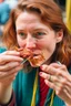 Placeholder: a woman eating corned beef with a straw