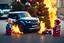 Placeholder: A crying toddler takes a burning car out of a LEGO box marked Land Rover next to the Christmas tree.