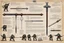 Placeholder: series of weapons concept sheet with AD&D statistics and characteristics, [high res illustration by Kevin Eastman and Peter Laird for TMNT module T04] leonardo's katana, michelangelo's nunchaku, donatello's bo staff, raphael's sai