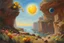 Placeholder: sunny day, planet in the sky, rocks, flowers, cliffs, sci-fi, friedrich eckenfelder and henry luyten impressionism paintings