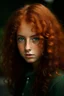 Placeholder: Mixed Teen with dark green eyes reddish curly poofy hair small nose long lashes