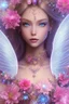 Placeholder: fairy, transparent glowing wings, very beautiful sweet face,many pink blue Flowers background, smiling, blue eyes,light skin, natural blond very long hair, many pink blue Flowers background, butterflies, smile, beautiful many colored jewelry big necklace , nice body, amazing glitter jewelry dress, detailed, high contrast, 8k high definition, unreal engine 5, extremely sharp detail, light effect, light background