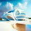 Placeholder: Country house on the beach and over water Zaha Hadid style hyper-realistic detailed complementary colors white cream summer people 8k