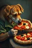 Placeholder: Bosch painting style ,a homeless and his dog with sliced Pizza setting eating a Pizza with tomatoes and melting cheese and olive on it , high quality and fantasy